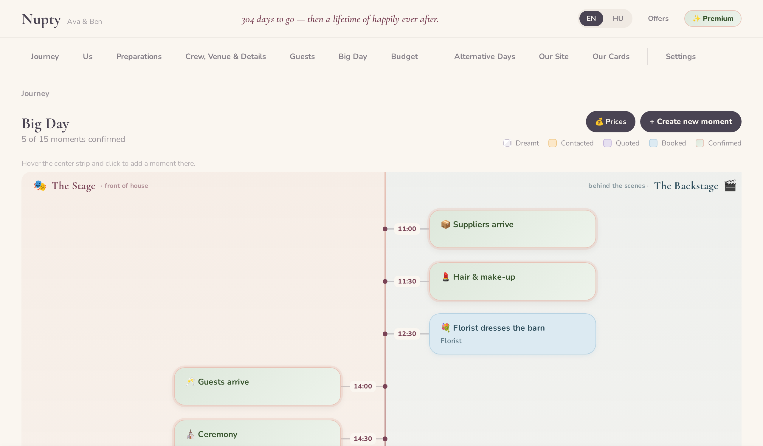 Wedding-day timeline in the planner, from the first look to the last dance