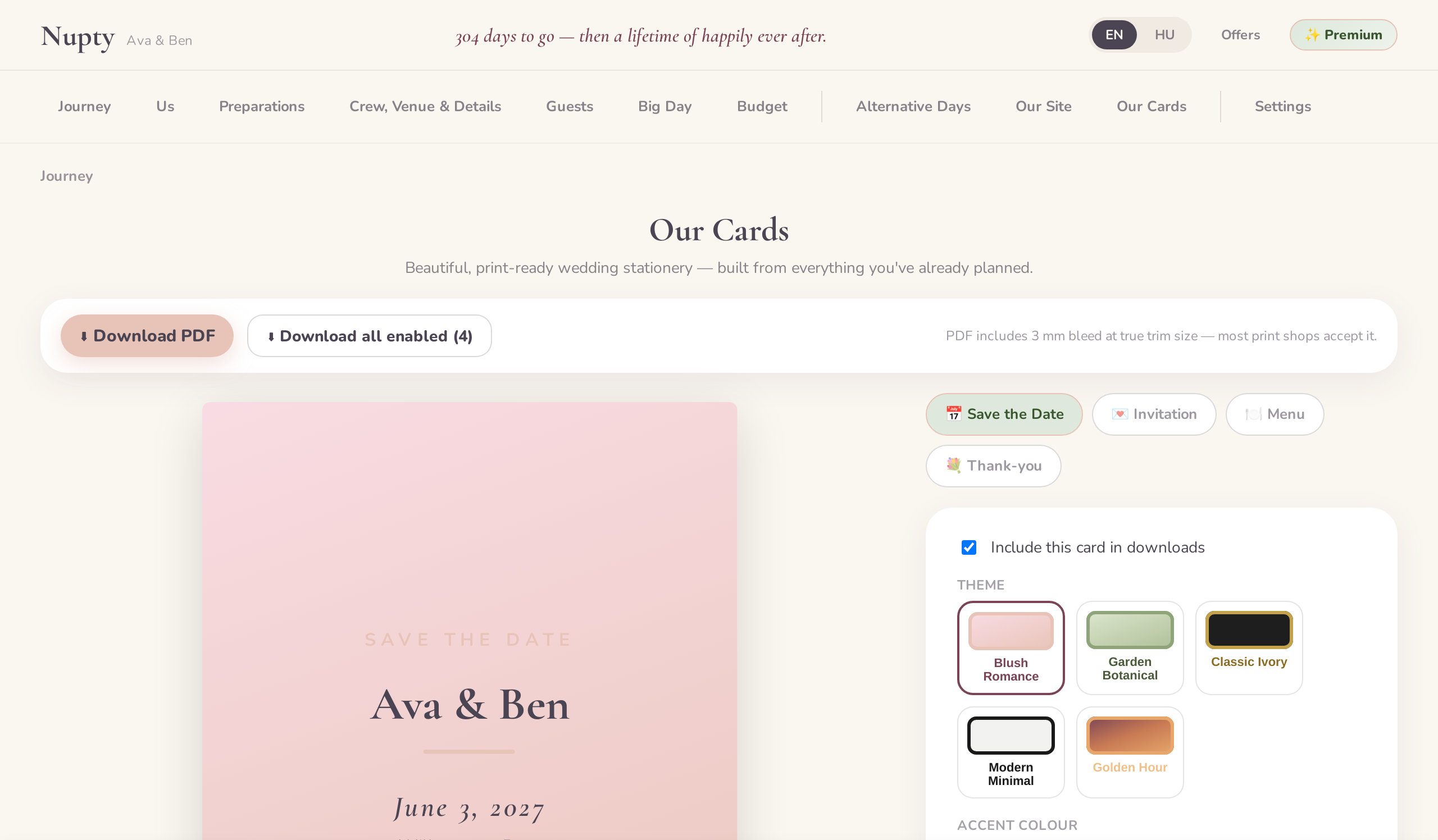 Print-ready save-the-dates, invitations, menus, and thank-you cards
