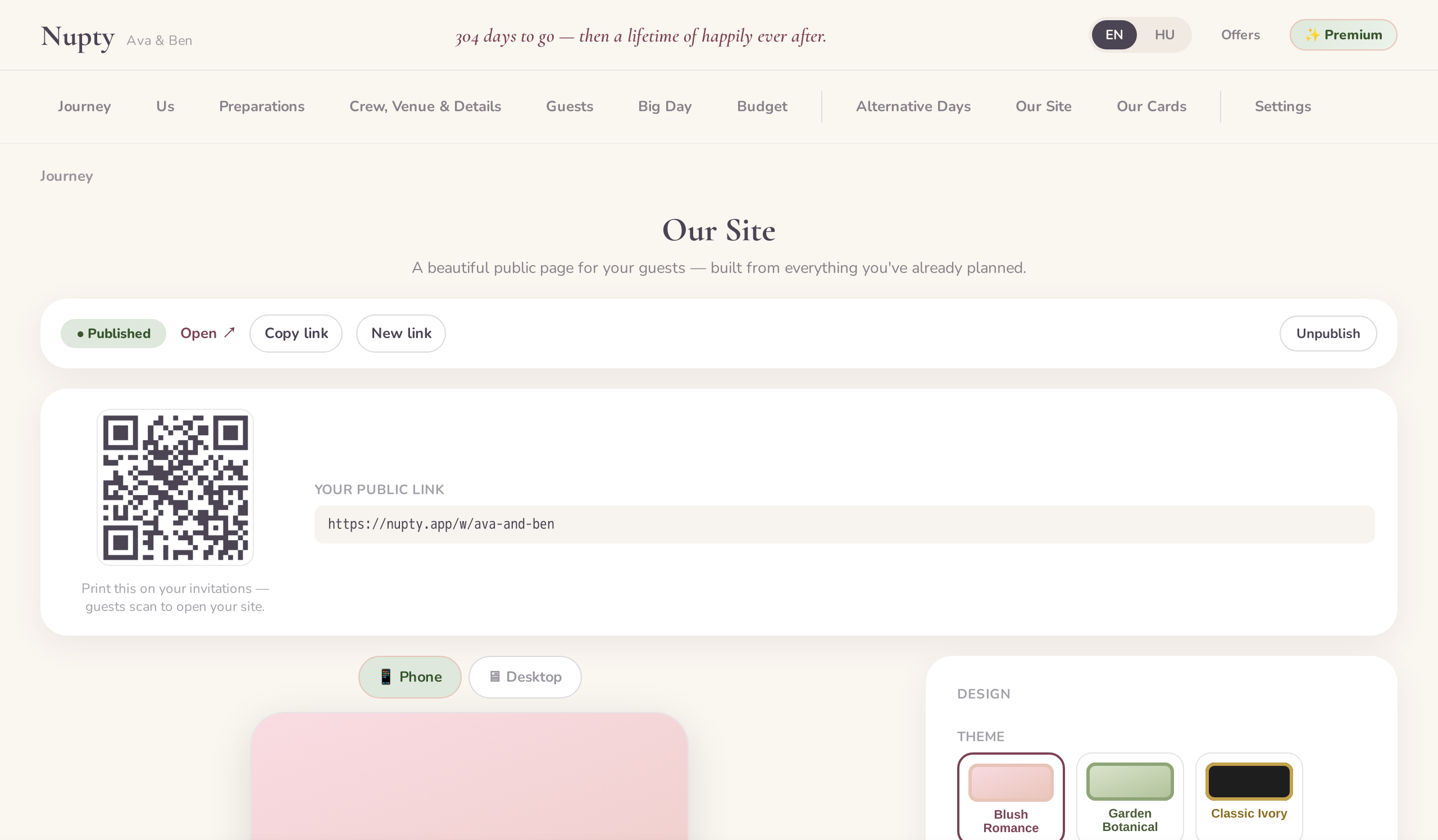 A public wedding website with the couple’s own link and QR code
