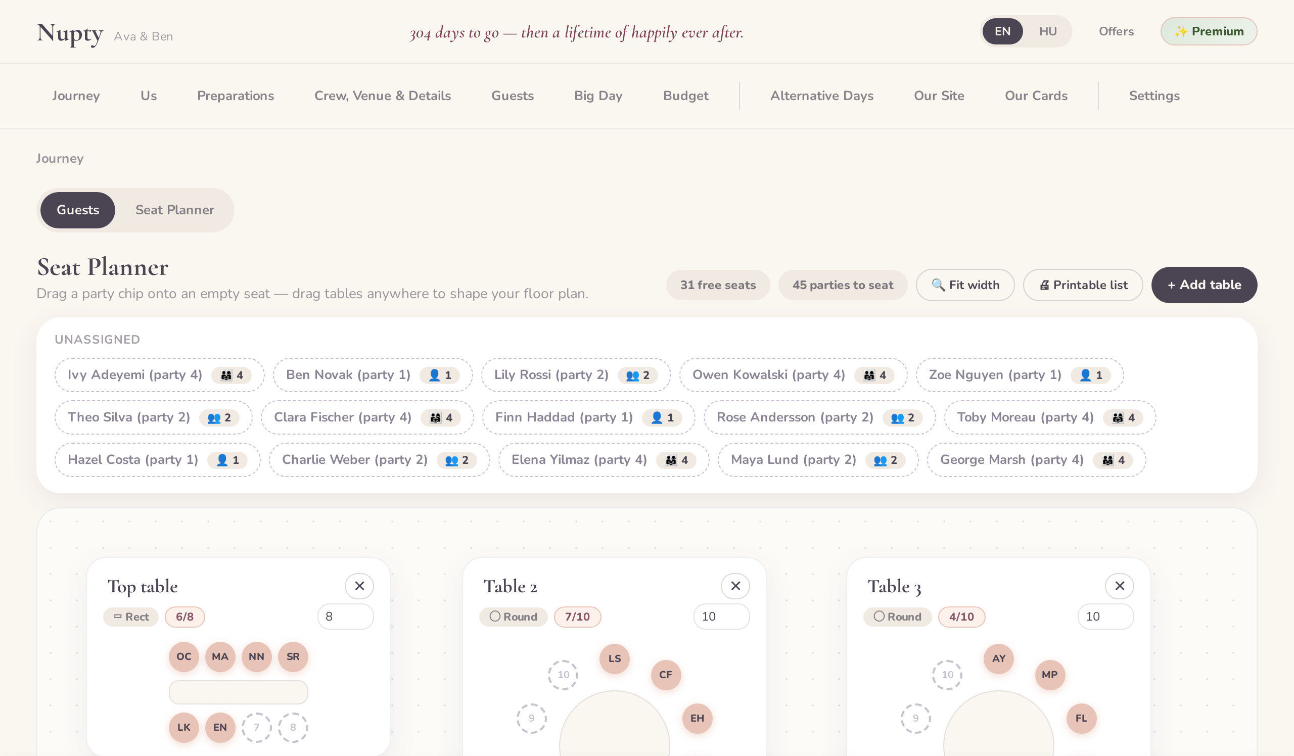 Drag-and-drop seating chart with tables and guests
